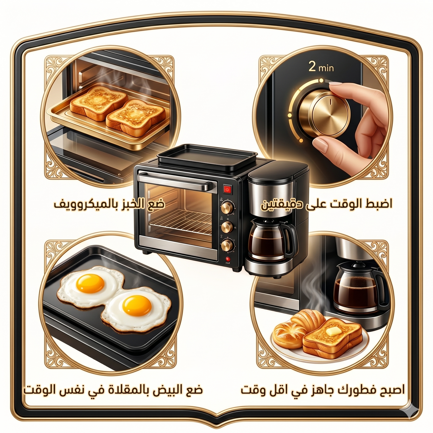 محطة إفطار ذكية 3 في 1 – فرن ميكروويف، مقلاة، وماكينة قهوة | حل مطبخ متكامل ☕🍳🔥