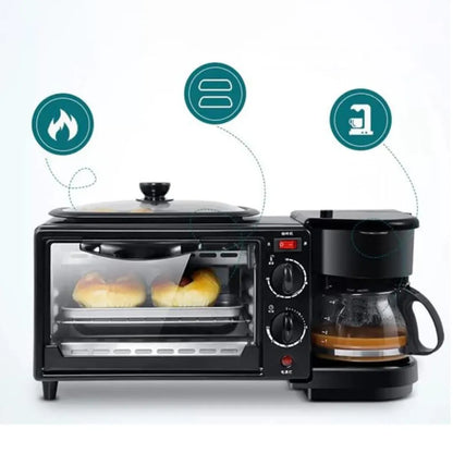 محطة إفطار ذكية 3 في 1 – فرن ميكروويف، مقلاة، وماكينة قهوة | حل مطبخ متكامل ☕🍳🔥